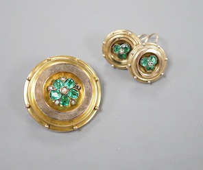 A suite of yellow metal, green paste and simulated seed pearl set jewellery, comprising a brooch, 30mm and pair of earrings, gross weight 10 grams.